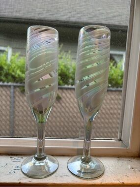 Two champagne flutes. Handmade.  Iridescent.
